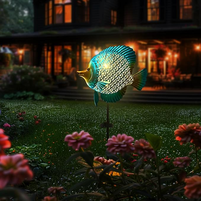 HONGLAND Solar Pathway Lights, Outdoor Solar Powered Garden Lights with Warm Yellow LED, Metal Fish Design Stake for Lawn, Yard, Patio and Landscape Decoration (Waterproof)