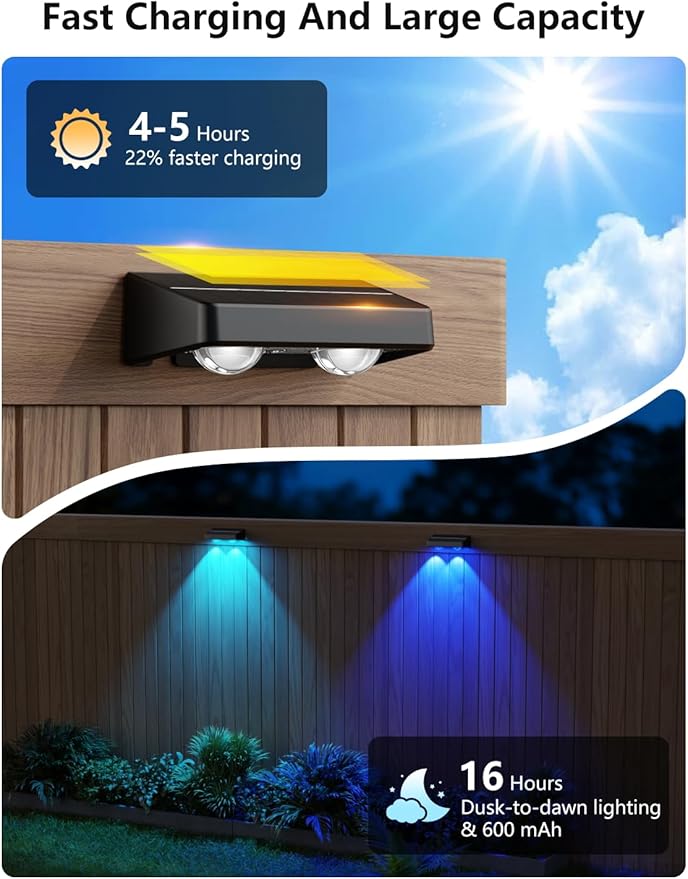 Solar Fence Lights 8 Pack 9 Colors & 11 Lighting Modes Solar Wall Lights Outdoor Waterproof IP65 RGB Color Changing Fence Lights Solar Powered for Garden Yard Patio Deck Step Patio Wall
