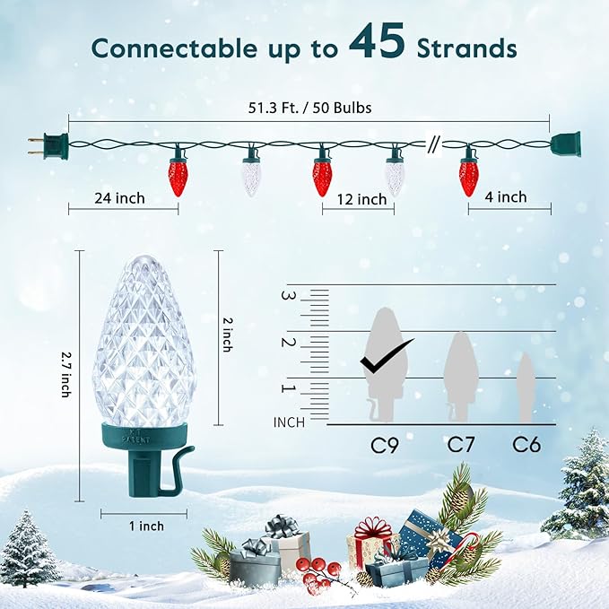 C9 LED Christmas Lights Outdoor with 50 Spring Clips, 50ft 50 LED Waterproof Strawberry String Lights, Commercial | Lumora