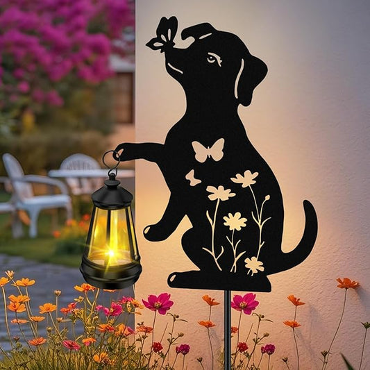 Solar Garden Statues Dog Decor - Outdoor Metal Lantern Silhouette Stake, Waterproof Solar Lights for Yard Patio Lawn Pathway Art Decoration, Unique Gardening Gifts for Women Mom Dog Lovers