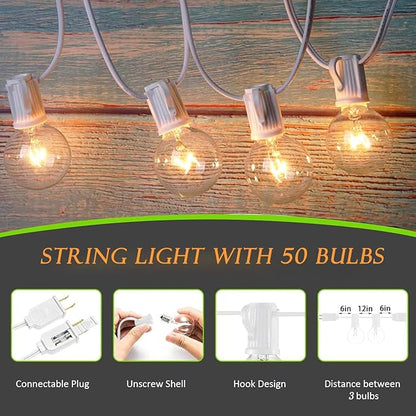 50Ft Outdoor Patio Globe Lights with 53 Clear Bulbs (3 Spare), UL Listed Connectable Hanging Lights for Indoor Outdoor Decoration, White Wire