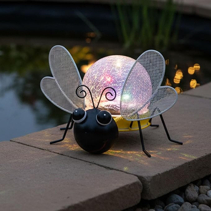 Solar Lights Outdoor Bee Decor with Crackle Glass Globe Lights - Cute Metal Bee Decor for - Garden Figurine Light | Lumora