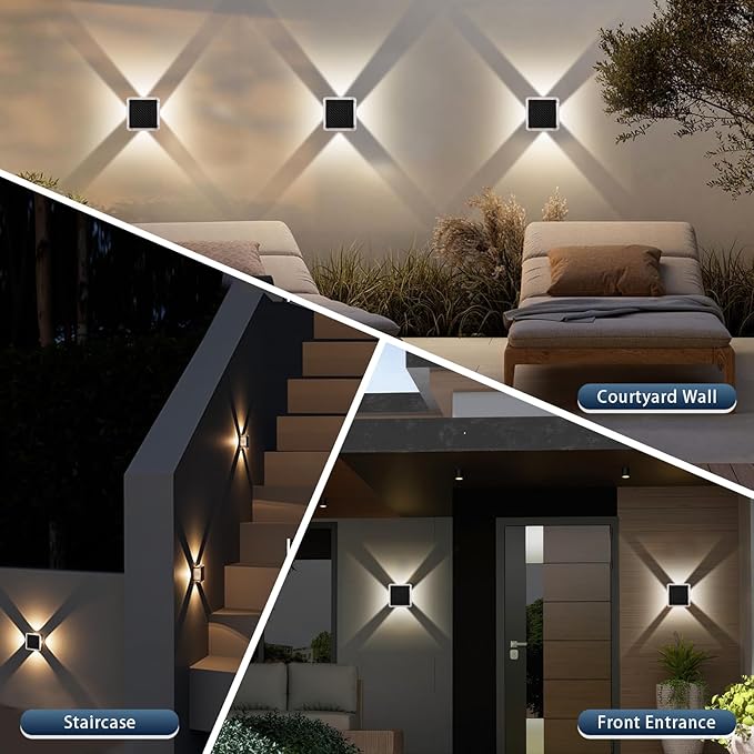 Solar Powered Outdoor Lights, IP65 Waterproof RGB & Warm White Color Changing LED Lights, Efficient Battery for Patio, Stairs, Fence, Yard, Pathway & Garden Decoration, 4-Sided Illumination
