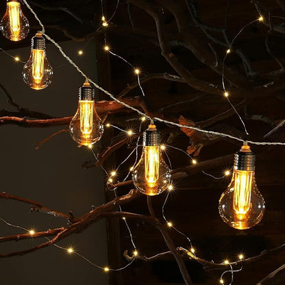 Battery Operated Edison Lights Outdoor String with Timer, 6.56 Ft String of 10 A19 Edison Bulbs, Short Battery Powered Waterproof Plastic String Lights for Hanging Patio Garden (White Cord)