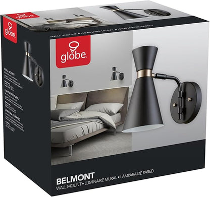 GLOBE Electric 65855 Belmont 1-Light Wall Sconce, Satin Black, Gold Accents