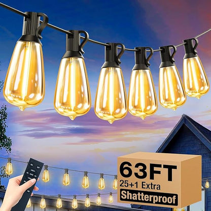 litogo Remote LED String Lights 60ft, Dimmable Edison Patio Lights, Waterproof Hanging String Light with 25+2 Warm White Shatterproof Bulbs for Yard Bistro Garden Party Christmas