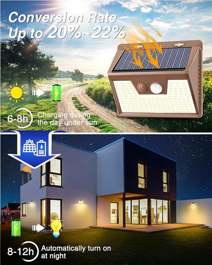 Peasur Solar Outdoor Lights [10 Pack/140LED], 3000K Warm Light Motion Sensor Outdoor Powered Security Lights 3 Working Modes Waterproof for Outside Garden Yard, Brown Frame