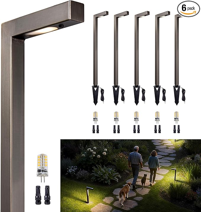 Gardenreet Outdoor Pathway Lights Brass, LED Landscape Path Lights, Low Voltage Driveway Lights Waterproof, L Shape 12V Wired Bronze for Walkway Sidewalk with 3W 270LM 2700K G4 Bulb 6 Pack