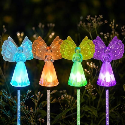 Outdoor Solar Garden Lights,4 Pack Solar Angel Decorative Lights, IP67 Waterproof Color Changing LED Solar Outdoor Lights,Solar Stake Lights for Cemetery Grave Garden Patio Yard Lawn Decoration