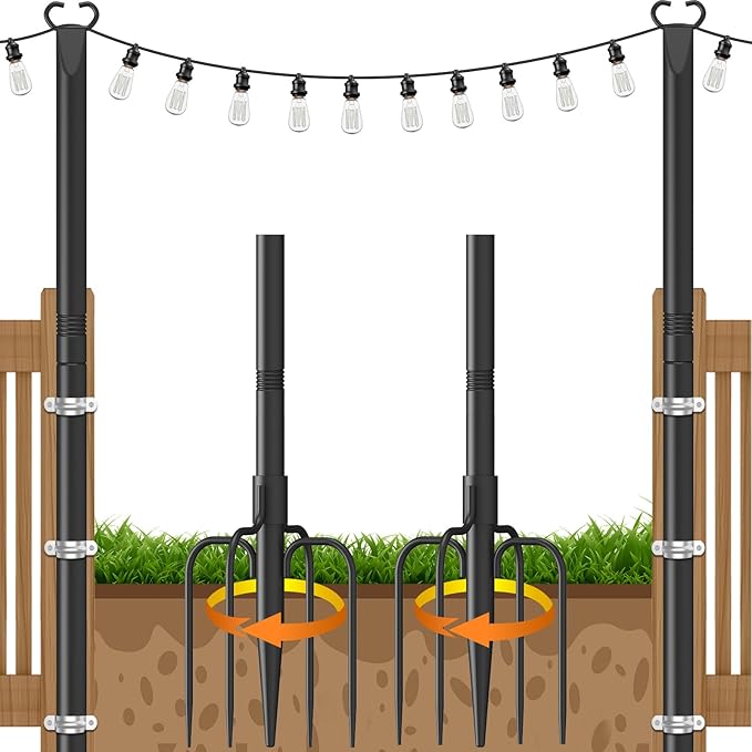 String Light Poles 2 Pack,Poles for Hanginig Outdoor String Lights with Fork and Fence Clamp | Lumora