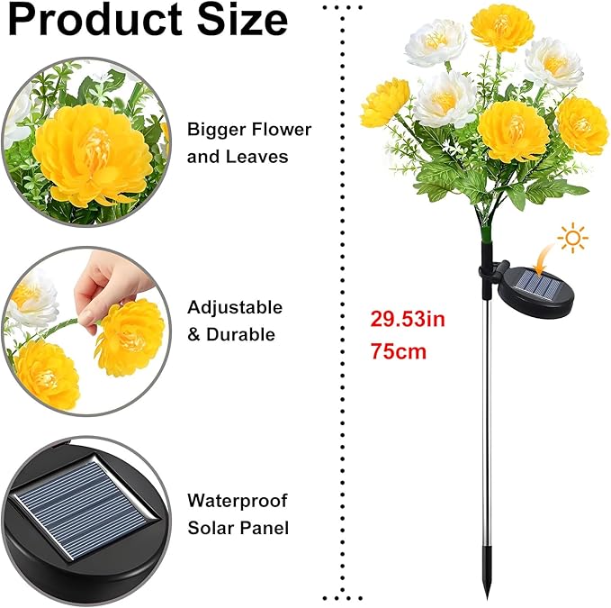 2 Pack Solar Flower Lights Outdoor - 14 Blooming Waterproof Snow Lotus Garden Lights for Patio, Yard, Pathway, and Landscape Decoration - Auto On/Off, IP65
