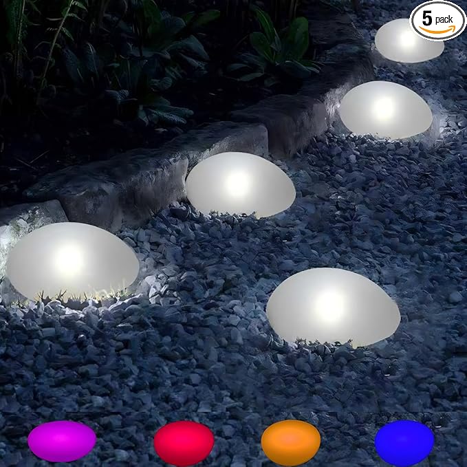 Color Changing Solar Lights Outdoor Waterproof - 5Pcs Plastic Pebbles Multi Color/RGB CobbleStones Lights for Decoration Landscape Garden Pathway Patio Lawn Yard Walkway.
