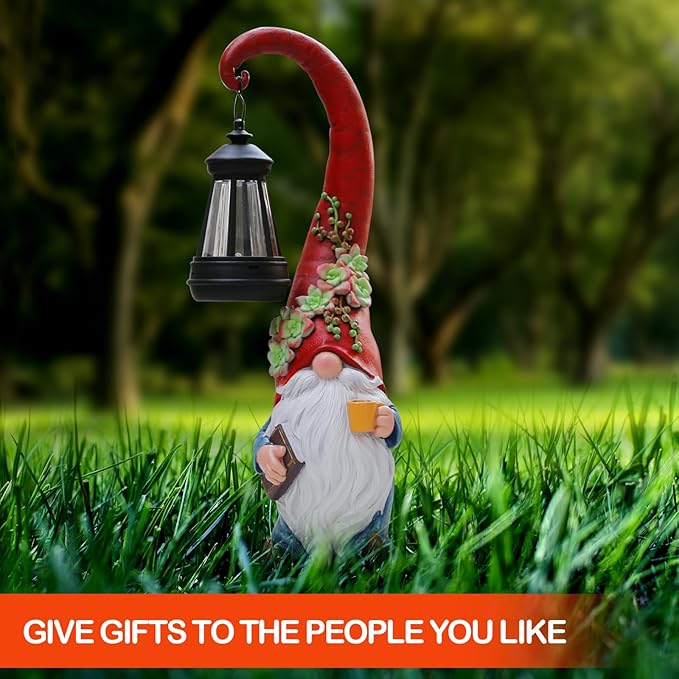 Garden Gnomes Outdoor Statue Solar Powered Gnome Decor Ornament Lantern Lit Court for Yard,Lawn,Patio, Balcony Birthday Gifts for Mom Grandma