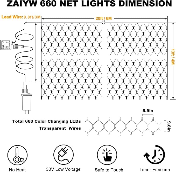ZAIYW 660 LED Net Lights 20Ft x 13Ft Large Christmas Net Lights Plug in, Waterproof Outdoor Mesh Lights with Remote Control Timer for Bushes Garden Tree Holiday Decor (Cool White)