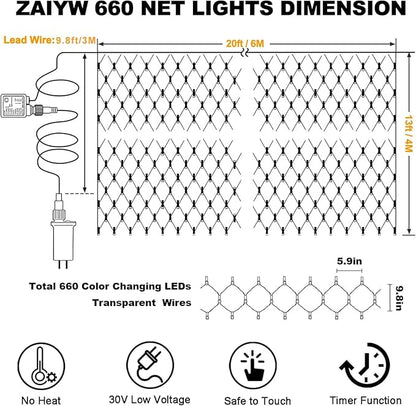 ZAIYW Dual Color Changing Net Lights 20Ft x13Ft 660 LED Christmas Net Light Outdoor Mesh Lights Plug in Bush Light with Timer Remote for Bushes Garden Wedding Xmas Decor (Warm White & Multicolor)