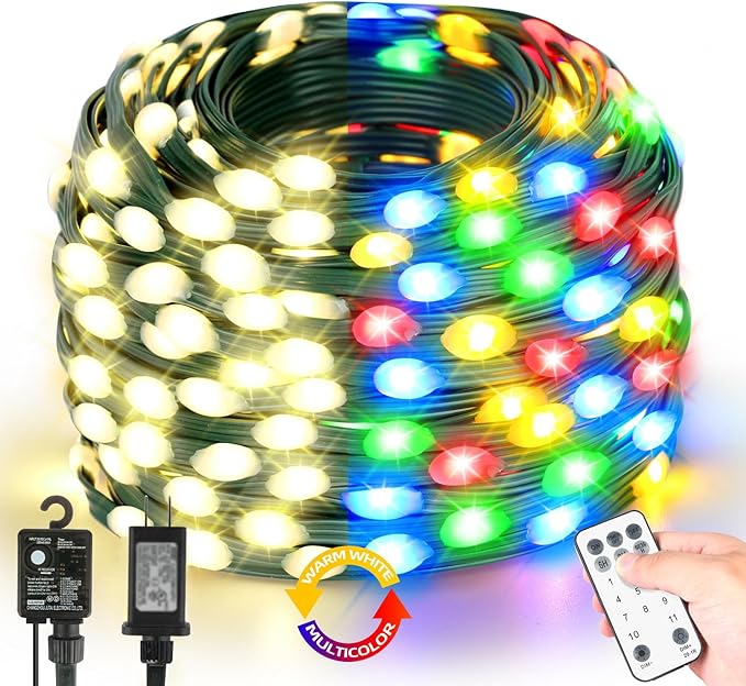 Tcamp Christmas Tree Lights, 164FT 500 LED Color Changing Christmas Lights with Remote Memory Timer, 11 Modes Green Wire Plug in String Light for Outdoor Indoor Decor (Warm White+Colored)