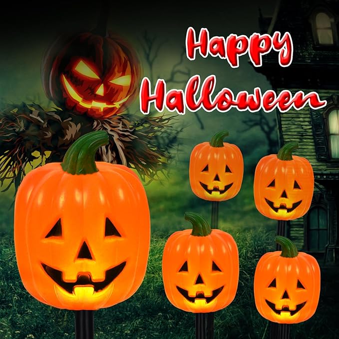 BRIGHTDECK Halloween Pumpkin Stake Lights, Set of 10 Decorative Solar Pumpkin Lights, Waterproof Halloween Decorations for Outdoor Garden and Yard