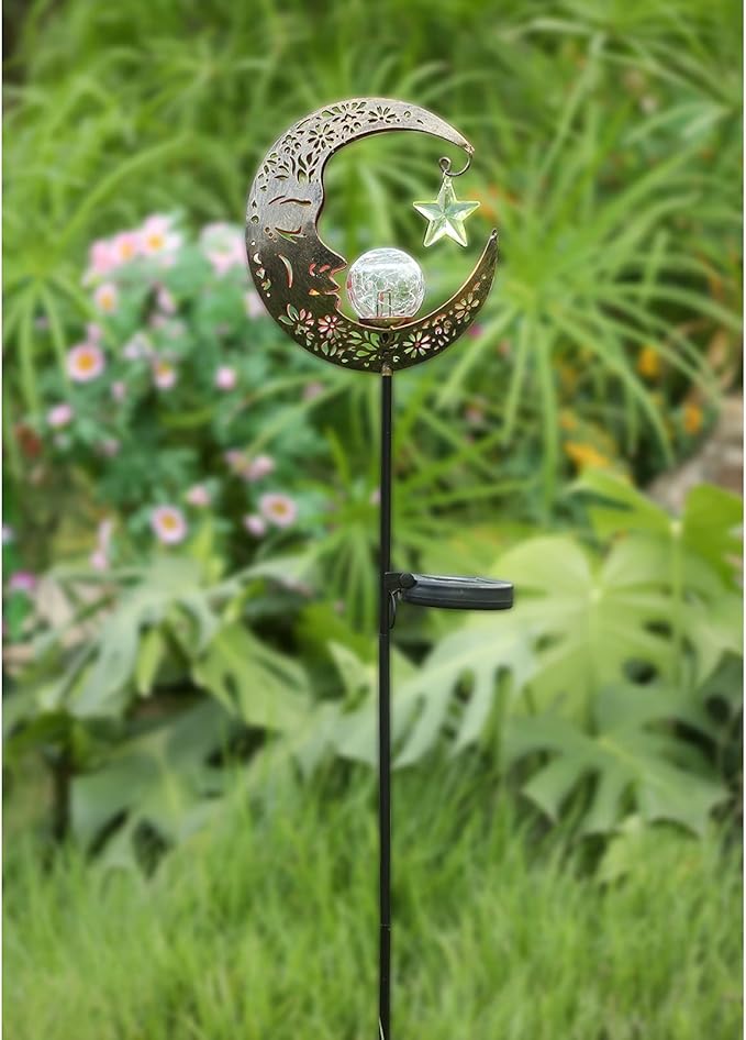 Solar Lights Outdoor Decor Moon Lantern for Patio,Lawn or Pathway Moon Decorations Crackle Glass Globe Stake Metal | Lumora