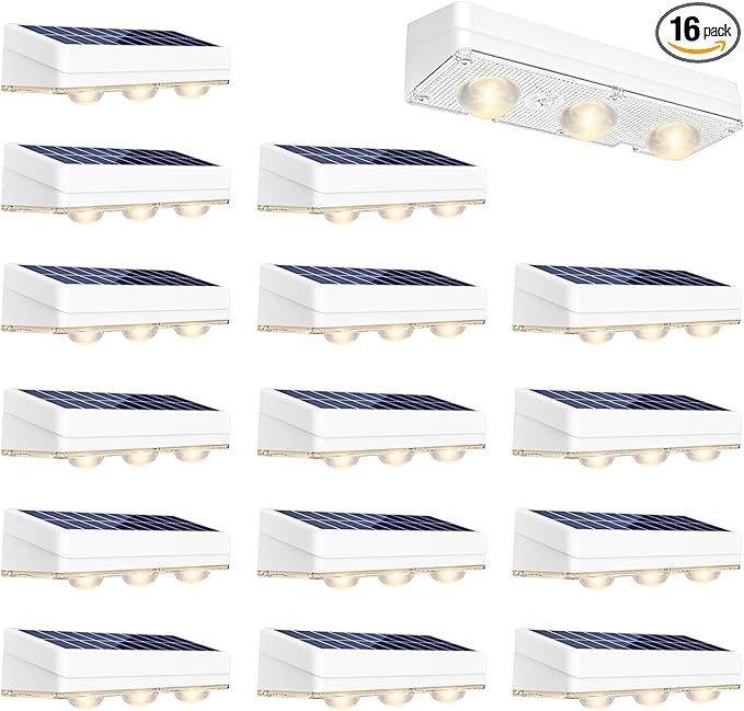Solar Fence Lights Outdoor Waterproof Led, 1300mAh,16pack,6 inch Solar Lights for Fence with Warm White & RGB 8 Colors,Outdoor Solar Lights for Patio, Backyard, Deck, Railing (White)
