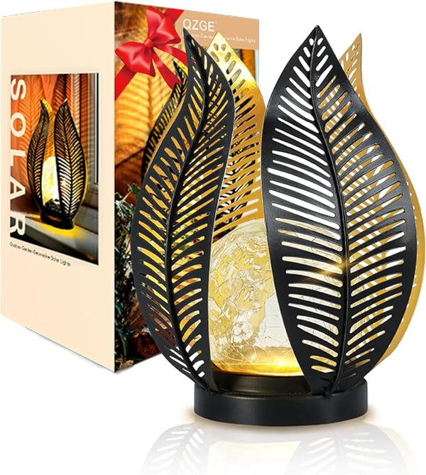 Solar Garden Lights Waterproof Decorations,Crackle Globe Glass,Metal Palm Leaf Solar Lights for Outdoor Decor On | Lumora