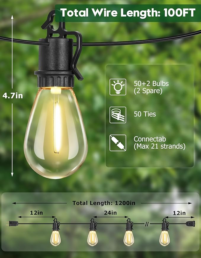 100FT Outdoor String Lights with 52 Shatterproof S14 Vintage Edison Bulbs E12 Sockets,2700K Dimmable Outdoor | Lumora