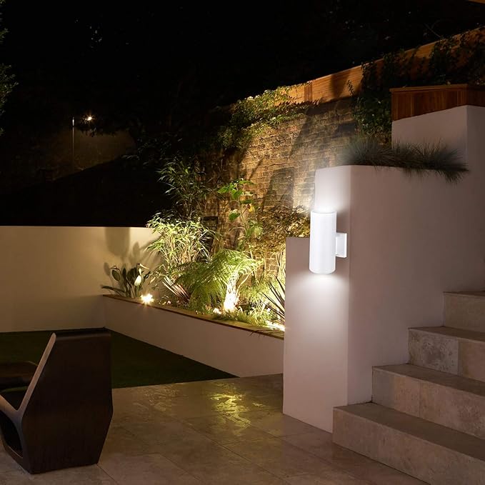 Outdoor Wall Sconce, Exterior Lighting with Dusk to Dawn Sensor - 2 Light Bulbs Included, Aluminum Waterproof Wall Mount Cylinder Design - Up Down Light Fixture for Porch, Garage and Patio