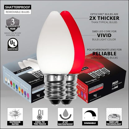 Wintergreen Lighting Opticore LED Smooth Commercial C7 Red & White Christmas Lights Vintage Style, Outside Christmas Tree Lights, Green Wire (50 Lights, 50 ft)
