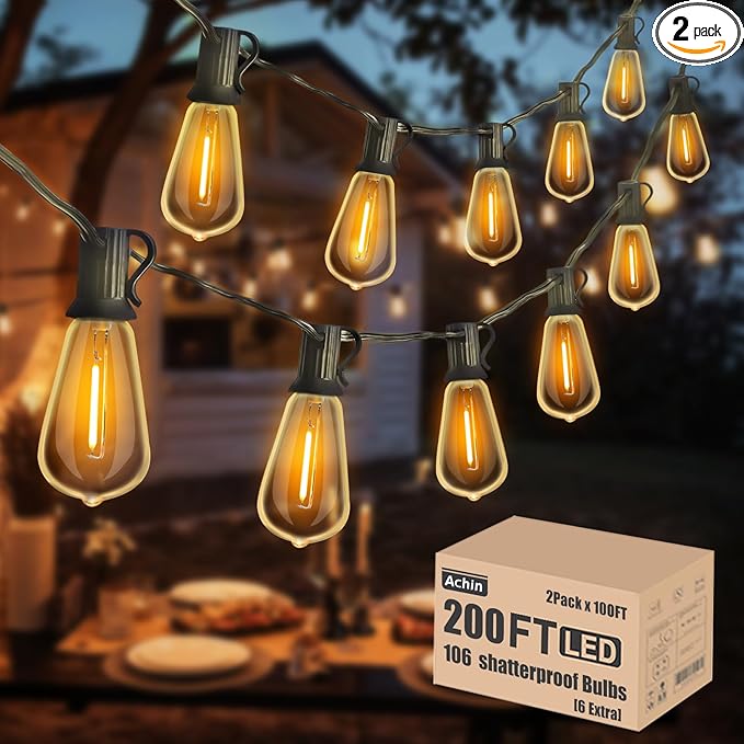 Achin Outdoor String Lights 200FT Vintage Edison String Lights with 104 Shatterproof ST38 Bulbs LED Dimmable Warm | Lumora