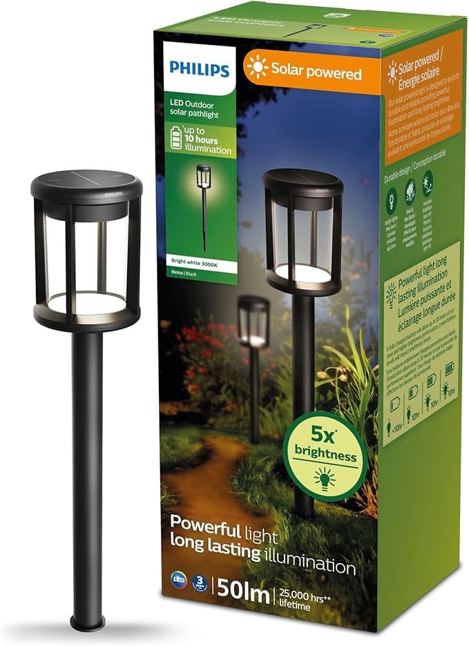 Philips LED Reina Outdoor Solar Pathlight, 1-Pack, Long-Lasting Solar Powered LED Light, Bright White Light, 3000K, 50 Lumens, Ground Spot, IP44, Black