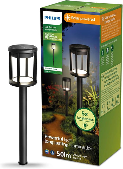 Philips LED Reina Outdoor Solar Pathlight, 1-Pack, Long-Lasting Solar Powered LED Light, Bright White Light, 3000K, 50 Lumens, Ground Spot, IP44, Black