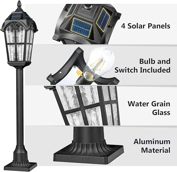 Emliviar Solar Pole Light with Pier Mount Base, Auto On/Off Walkway Lamp in Black Finish, Solar Pathway Light with Water Grain Glass Shade, LED Bulb Included, YXE302PL-SL BK