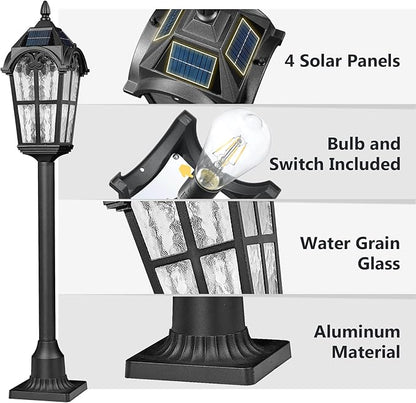 Emliviar Solar Pole Light with Pier Mount Base, Auto On/Off Walkway Lamp in Black Finish, Solar Pathway Light with Water Grain Glass Shade, LED Bulb Included, YXE302PL-SL BK