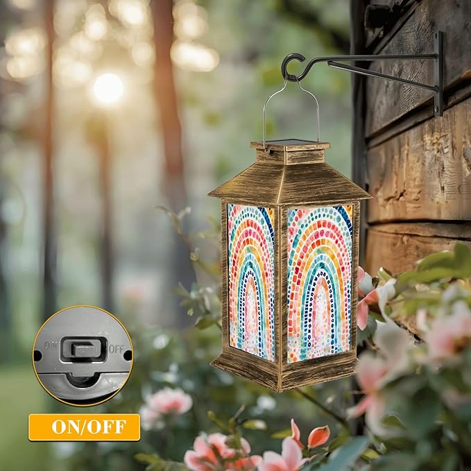 Solar Lantern Outdoor Waterproof Boho Rainbow Cute Colorful Dots Arches Dotted Patterns Gradient Garden Decor LED Solar Lights Hanging/Tabletop Lamp Gifts for Women Mom for Outside Yard Patio