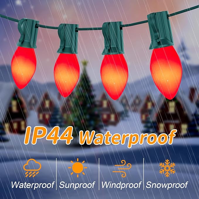 25Ft C7 Red Christmas Lights, C7 Vintage Christmas String Lights with 27 Red Ceramic Bulbs,Roofline Light String | Lumora