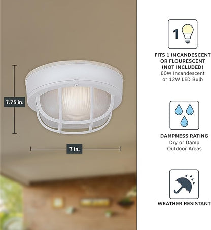 Designers Fountain Outdoor Ceiling Light, 7 Inch Oval Bulkhead Lighting Fixture with Cage Guard, Porch or Patio Ceiling Mount Sconce, White, 2073-WH
