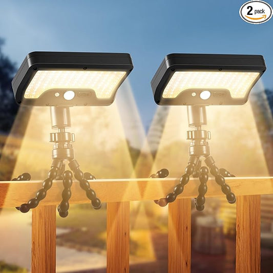 Solar Motion Lights Outdoor with Flexible Octopus Tripod, USB & Solar Powered Motion Sensor Lights with 92 LEDs(600LM,3000K), IP65 Waterproof Motion Activated Light for Fence, Camping, Gutter(2 Pack)