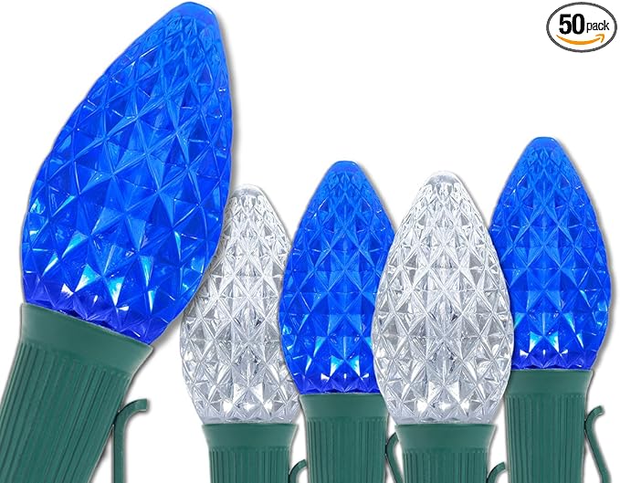 Wintergreen Lighting Set of 50 C7 Blue and White OptiCore Commercial Christmas Lights - Cool White and Blue Outdoor LED Bulbs on Heavy Duty 18 Gauge Green Wire (50 ft)