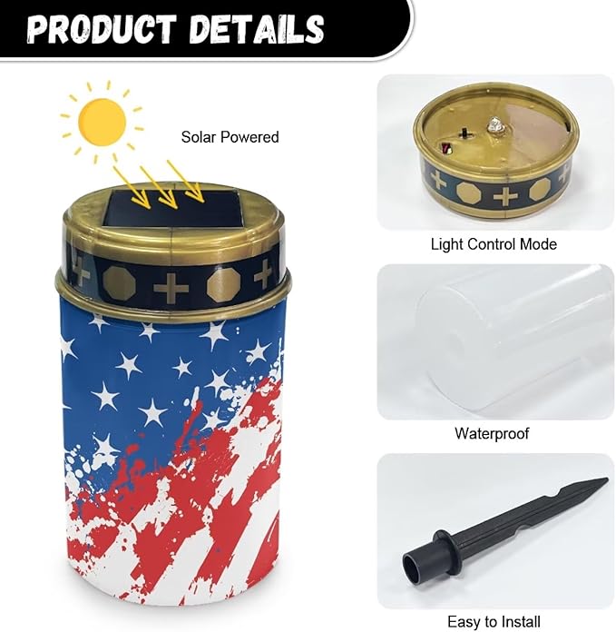 Outdoor Garden Solar Lights American Flag Waterproof Solar Powered Lights Multipurpose Memorial Cemetery Decorations