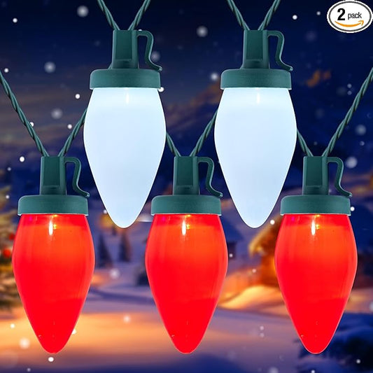Brightown C9 Christmas Lights Outdoor - 2 Pack 66ft Vintage Outdoor Lights String with 100 Smooth Opaque Bulbs, Plug-in Waterproof Roofline Lights String for Outside Patio Christmas Holiday Decor