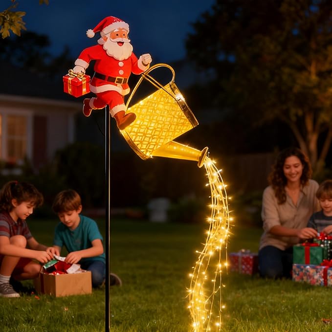 Christmas Santa Solar Kettle Lights, Waterproof Solar Watering Can with Cascading Lights, Garden Lawn Decorative Light, Hanging Metal Solars Santas Watering Can Led Light for Yard Pathway