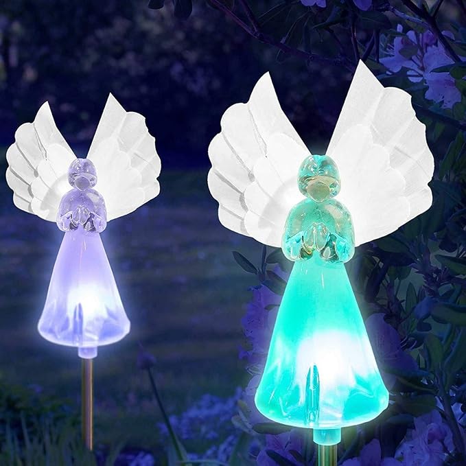 Outdoor Garden Set of 2 Pieces Solar Powered Garden Yard Stake (Color Change abilities) LED Light (Fiber Wings Angel)…