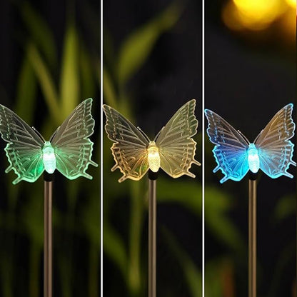 Outdoor Waterproof Color Changing Solar Garden Stake Light with Vivid Butterfly Figurine, LED Garden Landscape In-ground Path Light for Yard Lawn Halloween Christmas Decorations Flower Beds 2 Pack