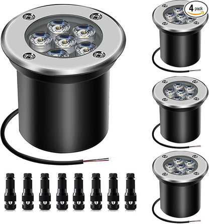 Low Voltage Landscape Light LED In-Ground Lighting with Connectors Well Lights Bright White Waterproof IP67 6W 12V 24V Outdoor Pathway Lights for Yard,Lawn,Patio,Walkway(Cool White)