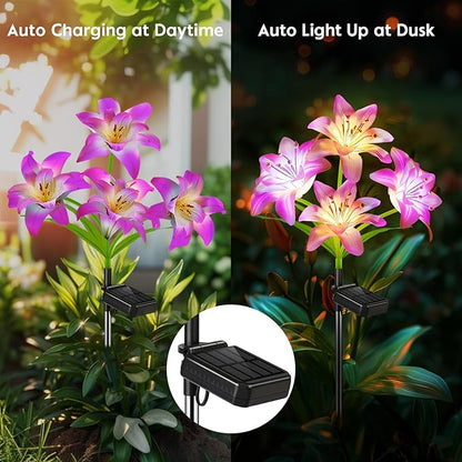 4 Pack Solar Flowers Lights Outdoor Waterproof with Lily, Yard Decorations Outdoor Garden Decor, Solar Garden Lights Outdoor Decor