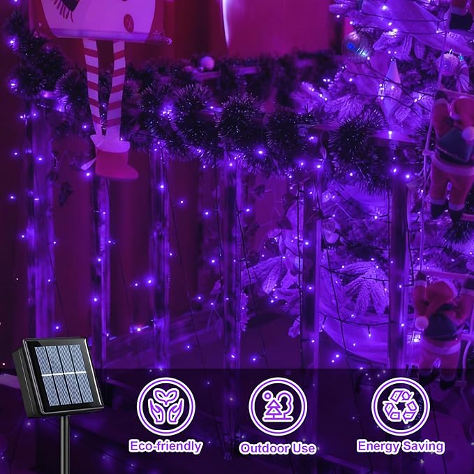 QITONG Purple Solar Christmas Lights, 2 Pack Each 66ft 200 LED Christmas String Lights Outdoor Waterproof, 8 Modes Green Wire Twinkle Lights for Outside
