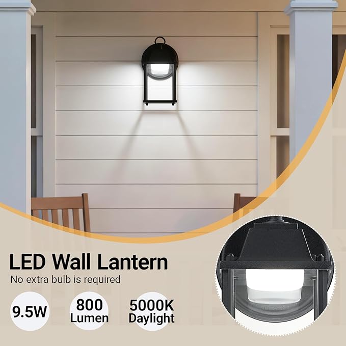 LIT-PaTH Outdoor LED Wall Lantern, Wall Sconce as Porch Lighting Fixture, 5000K Daylight White, 9.5W 800 Lumen, Aluminum Housing Plus Glass, Black Finish, 2-Pack
