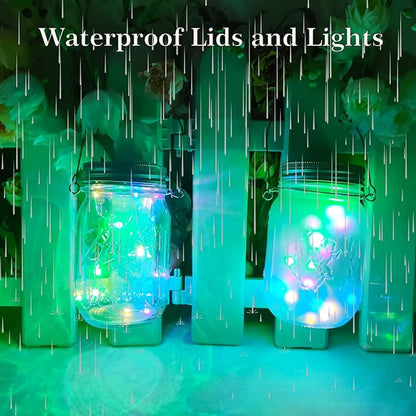 SmilingTown Solar Mason Jar String Light Lids 12 Pack 30 LED Fairy Firefly Inserts Lighting with 12 Hangers Waterproof for Outdoor Tree Patio Lawn Garden Decor, No Jars (Multi-Colored)
