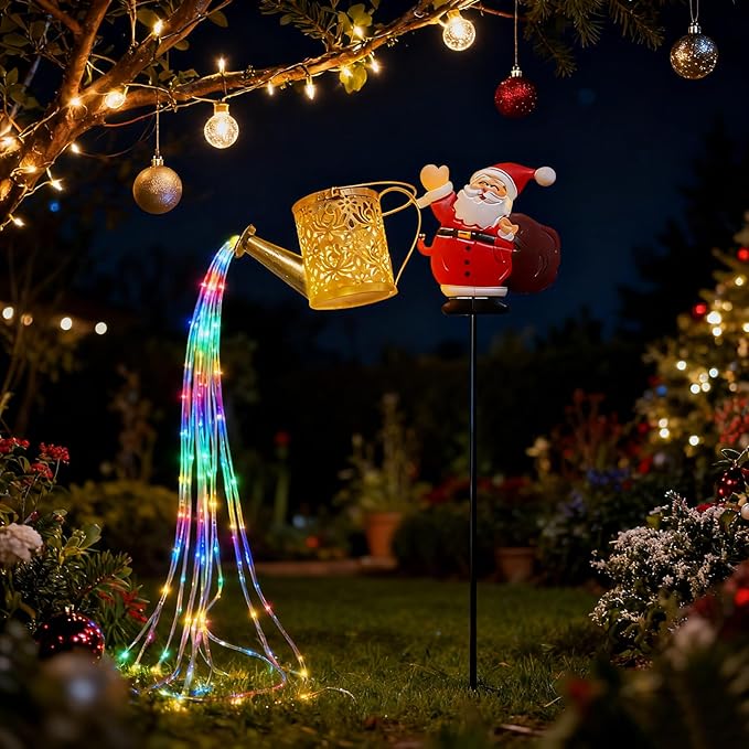 Christmas Solar Kettle Lights, Light Solar Santa Claus Watering Can LED Light, Waterproof Solar Powered Lawn Decorative Lights for Outdoor Christmas Pathway Decoration (Rainbow B, Kettle Lights)