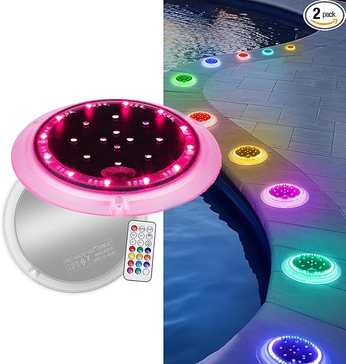 Solar Dock Lights, Color Changing 48 LEDs Super Bright Disc Driveway Light, Outdoor Waterproof Flat Low Profile, Anti-Trip&Anti-Slip for Marine, Ground, Pool, Pier, Deck (RGB-W, 2Pack)