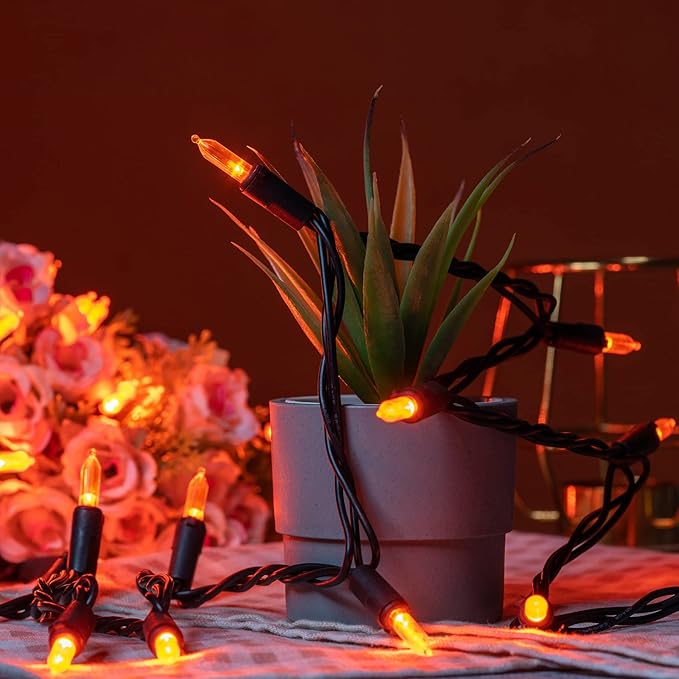 YULETIME 200 Orange LED Christmas Lights with Black Wire, Pack of 2 Strands 33 Feet 100 Lights UL Certified Holiday String Light Set
